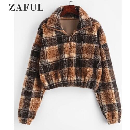 ZAFUL Half Zip Plaid Faux Fur Sweatshirt Drop-Shoulder Design Trendy Cropped Length Loose-Fitting Silhouette Women Sweatshirts