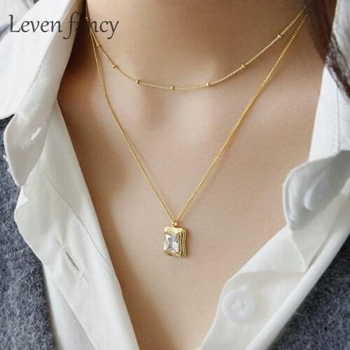 Geometric Square Clear CZ Zircon Necklace Female 925 Sterling Silver Jewelry Gold Solitaire Necklaces Bridesmaid Gift Women
