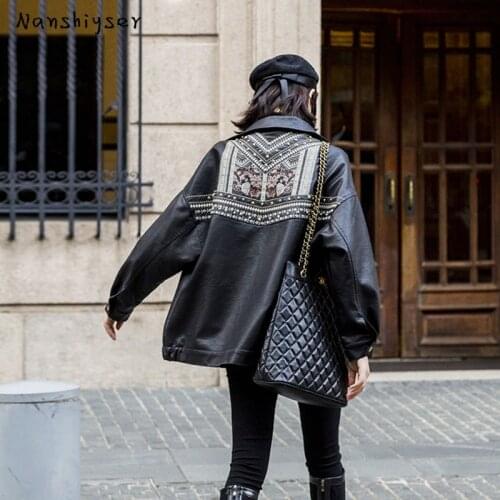Womens Faux PU leather coat Boho Heavy work Embroidery Rivet Motorcycle jacket Streetwear Autumn New Oversized Leather Outerwear