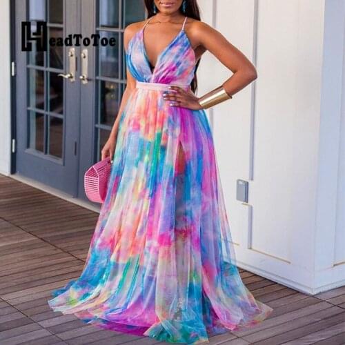 Tie Dye Print Crisscross Backless Mesh Prom Dress Women Romantic Sleeveless Maxi Dress