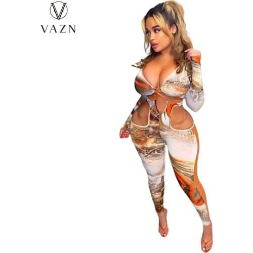 VAZN 2021 Autumn Hollow Out Sexy Club Open Full Sleeve Young Vintage High Waist Women Skinny Long Pencil Jumpsuits