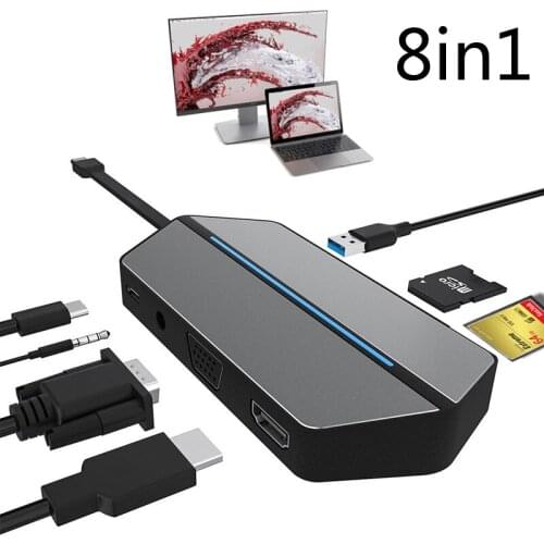 8in1 Type C To HDMI-compatible TV HDTV VGA Video Adapter Converter USB 3.0 HUB CF SD TF Card Reader Audio for MacBook Laptop PC