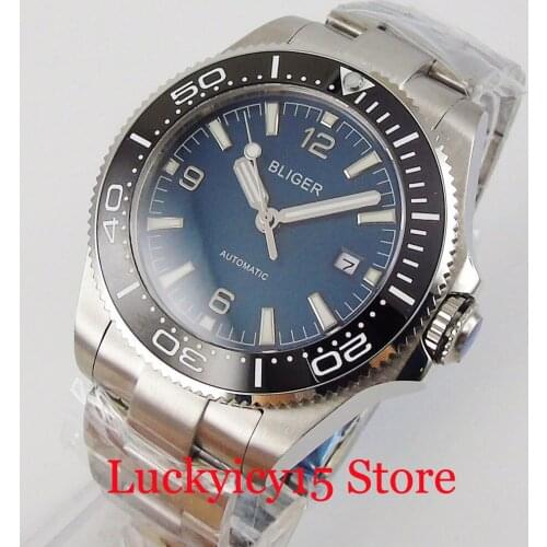 BLIGER Business Mechanical Watch Blue Dial Sapphire Crystal Steel Case Screw Back 21 Jewels MIYOTA 8215