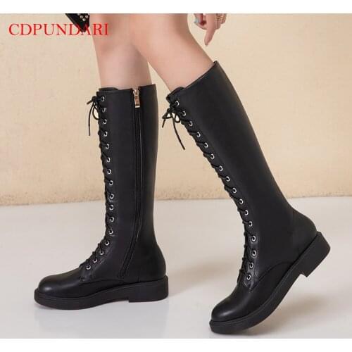 Black Round Toe Low heel knee high boots lace up women Motorcycle boots Ladies Autumn platforms boots shoes woman