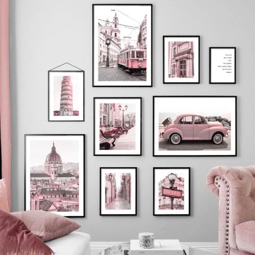 European Urban Architecture Leaning Tower Car Wall Art Canvas Painting Nordic Posters And Prints Wall Pictures For Living Room