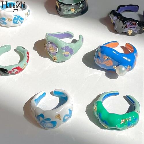 HangZhi 2021 New Colorful Dripping Oil Rings Natural Pearl Hand-Painted Geometric Open Ring for Women Girls Party Jewelry Gift