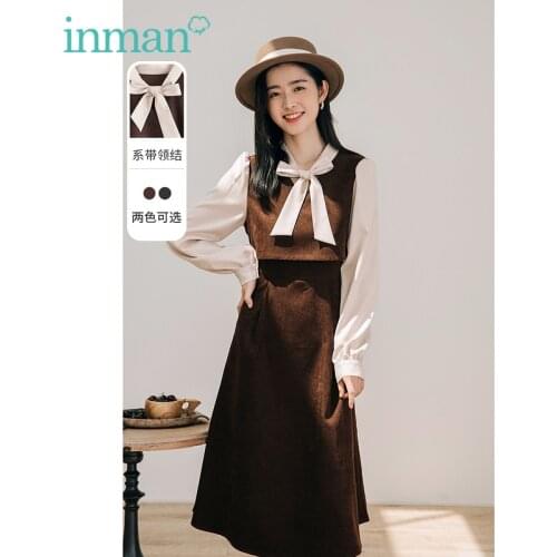 INMAN Autumn Womens Dress Elegant Sweet Style Color Contrast Bandage Long Sleeve A-Line Casual OL Female One-Piece