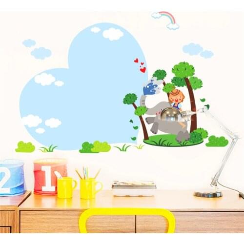 Cartoon animals elephant tree wall stickers home decor living room sky clouds nursery kids room wall decal diy poster pvc mural