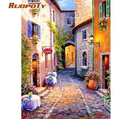 RUOPOTY Painting By Numbers For Adults Pink Flower Town Landscape Oli Painting Kits HandPainted Home Wall Decor Drawing Gift