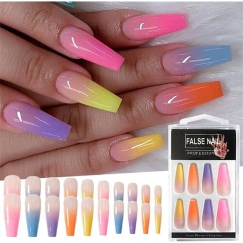 20 Pieces/Set Full Coverage Gradient Color False Nails Candy Color Trapezoidal False Nails Ballerina Nail Art False Nails