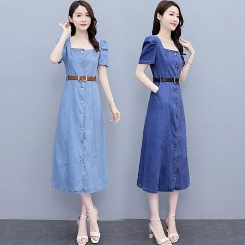 New Women Dress Casual Square Collar Single Button Solid Collect Waist Belt Slim MD-Long Style Jeans For Females Denim One-Piece