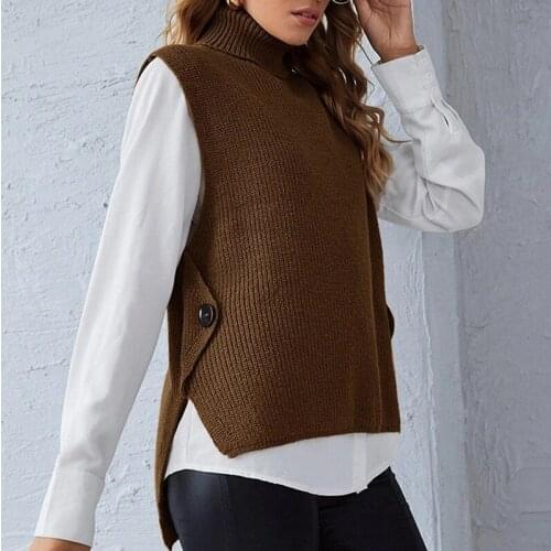 Women Loose Comfortable Pullovers Jumpers New Chic Fashion Solid Knitted Vest High-neck Sleeveless Sweater Button Knit Vests