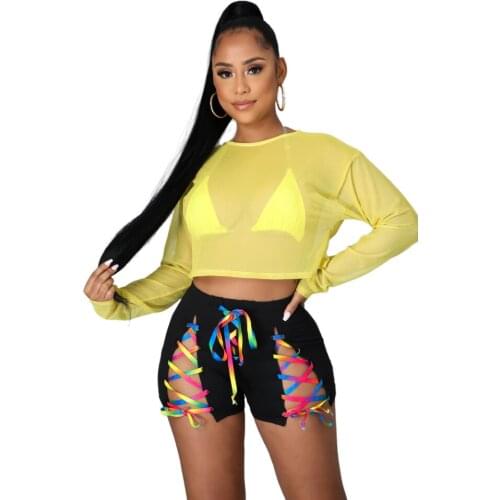 RMSFE 2021 Womens Long Sleeve Round Neck Fashion Casual Sexy Mesh Ribbon (Including Bra) Nightclub Three Piece Set