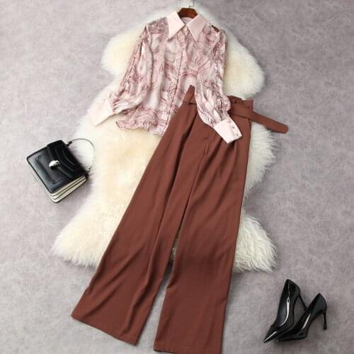 Spring 2021 Long-sleeved Printed Shirt Belt Wide Leg Pants Fashion Suits European and American Womens Wear