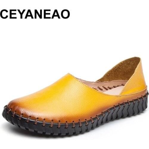 CEYANEAO 2020 Handmade Women Flat Shoes Genuine Leather Women Summer Casual Shoes Slip On Loafers Flats Moccasins Women Size 43