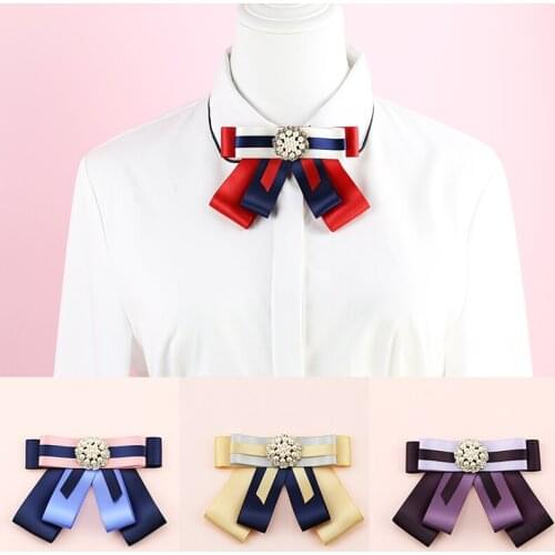 Women Business Wedding Party Office Bank Sweater Shirt Bow Tie Cravat New Girl Uniform Alloy Rhinestone Pearl Bead Ribbon Bowtie