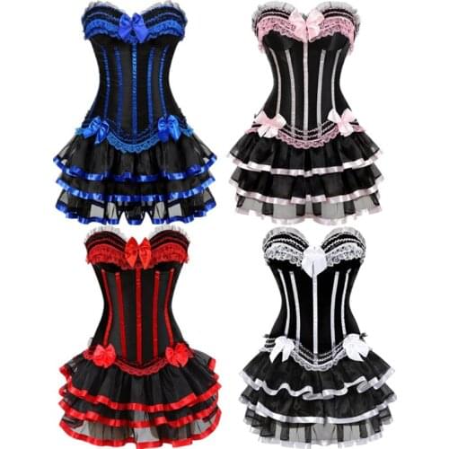 Women Sexy Burlesque Overbust Corset Bustier Top With Mini TuTu Skirt Fancy Dresses Costume Sexy Gothic Corsets Dress