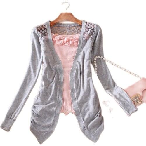 2021 Full Sleeve Sweater Cardigan Open Stitch New Summer Fashion Women Lace Sweet Candy Color Crochet Hollow Out Knitwear Blouse