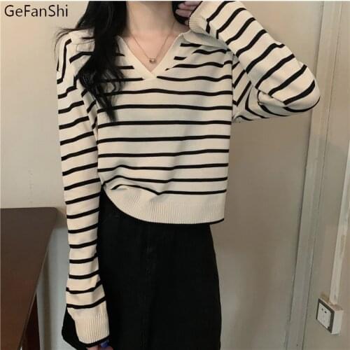 2021 New Autumn Winter Sweater Pullover Striped Female Korean Loose Casual Women Sweaters Elegant Fashion V-Neck Knitting Tops