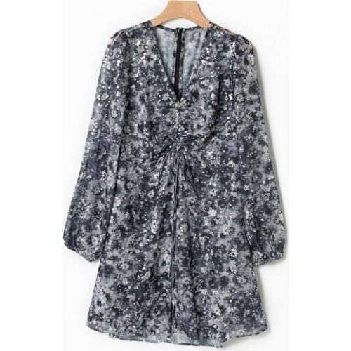 Women Pleated Drawstring Dress Daisy Floral Long Sleeve V-neck Spring Summer 2021 Ladies Mini Dresses