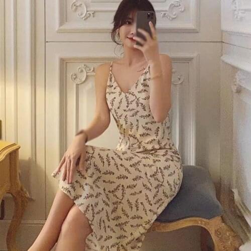 New Women Basic Chiffon Dress V-Neck Fashion Retro Sexy All-Match Inside Temperament Slim Floral Printed Sling Long Dresses