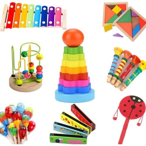 DIY childrens educational early childhood funny toys baby wooden Montessori xylophone sand hammer harmonica colorful baby 1PCS