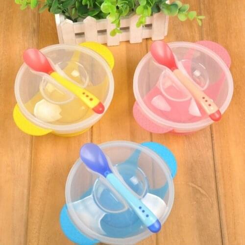 3Pcs/set Childrens Tableware Baby Learning Dishes With Suction Cup Assist Food Bowl Temperature Sensing Spoon Baby Feeding Bowl