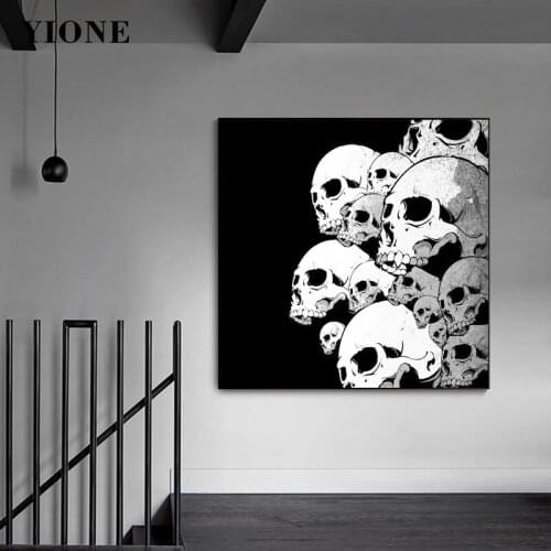 Abstract Skulls Canvas Posters and Prints Custom Black White Dark Skeleton Wall Art Picture for Living Room Decoration Paintings