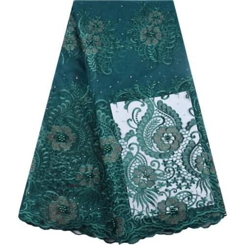 Teal French Net Lace Fabric African Lace Fabric 2019 High Quality Lace Beaded Embroidery Nigerian Lace Fabrics For Dresses S1573