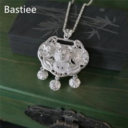 Bastiee Baby Kids Pendant Necklace 999 Sterling Silver Jewelry Hmong Lucky Piggy Lock For Kid Gift Handmade Luxury Jewellery
