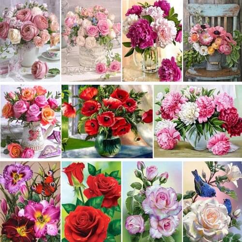 5D DIY Diamond Painting Flowers Vase Cross Stitch Kit Full Drill Square Embroidery Mosaic Rose Art Picture Gift Home Decoration