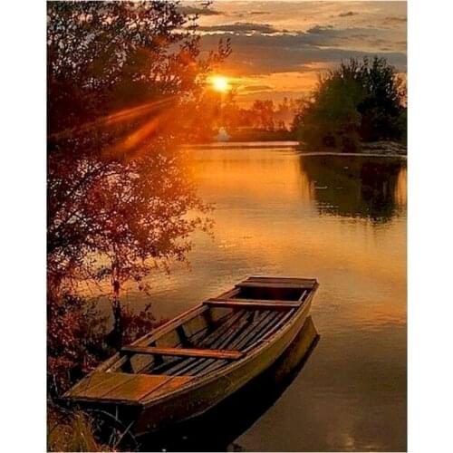 Painting By Numbers DIY Dropshipping 40x50 60x75cm Creek Wooden Boat Scenery DIY Canvas Wedding Decoration Art Picture Gift