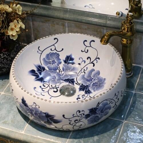 Europe Vintage Style Lavobo China Art Ceramic Washing Basin Bathroom Counter top Bathroom Sink blue and white wash basin