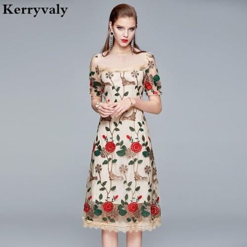 Summer Retro Stitching Mesh Embroidered Rose Dress Vestidos Za Verano 2021 Robe Vintage Midi Party Runway Dress Sukienka K9811