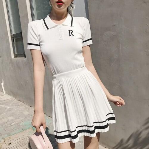 Summer Preppy Style Retro Knitted Tennis Embroidery Strip Polo Shirt & A-line Mini Pleated Skirt Suit Set Girls Sweet 2pcs Set