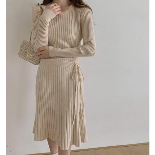 Hstar Autumn Drawstring Ladies Long Knit Dress O-Neck Slim Knee-Length Solid Dresses New Winter Elegant Casual Women Dress