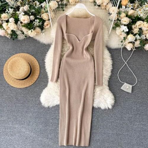 Autumn Women Knitted Dress Sexy Strapless Fashion Korean Elastic Slim Vestidos Winter Knit Chic Bodycon Sweater Dress
