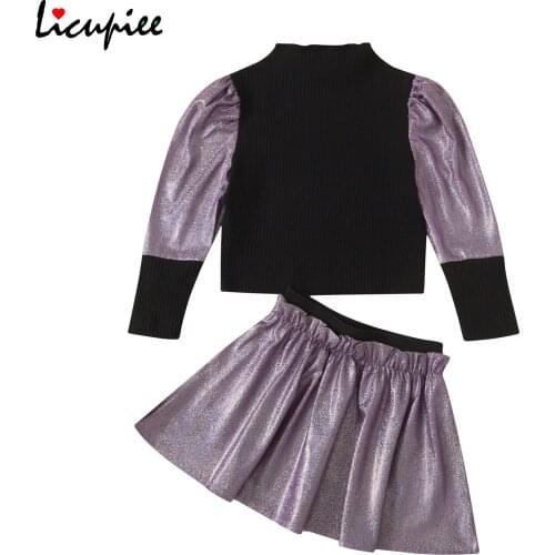 2-7 Years Girls Two Piece Set, Kids Ribbed Knit Sleeves Sweater Ruffled Elastic Waist Skirt Children