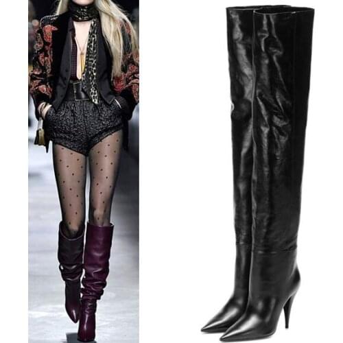 New Woman Black Burgundy Spike Heels Thigh Boots Female Pointed Toe Sexy Pleated Slip On Tube Over The Knee Long Boots