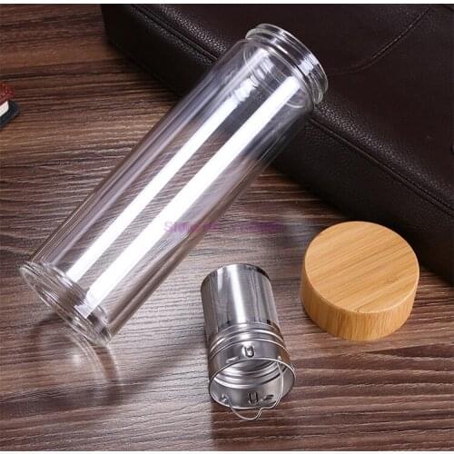 10pcs 450ml Travel Glass Water Bottle with Stainless Steel Tea Infuser Filter Double Wall Glass Sport Water Tumbler Bamboo Lid