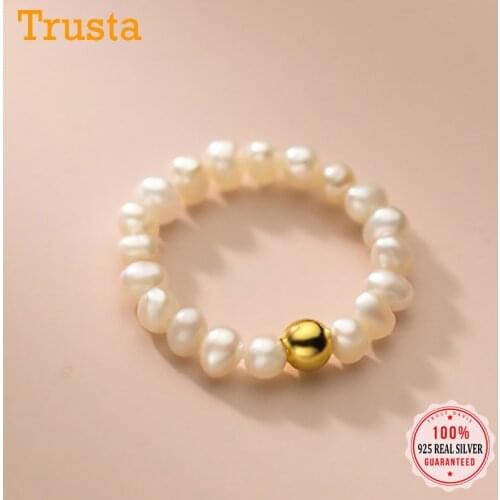 Trustdavis Genuine 925 Sterling Silver Fashion Freshwater Pearl Gold Beads Elastic Ring For Women Wedding Fine Jewelry DB352