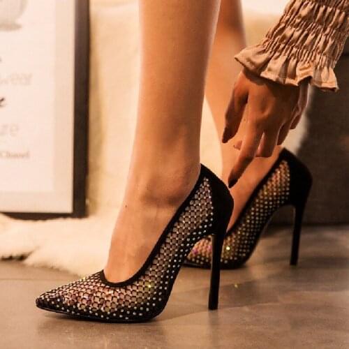Women Pump 2021 Summer Fashion Women Sexy High Thin Heels Sandal Net Dot Drill Pointed Toe Luxury Rhinestone Designer Shoes