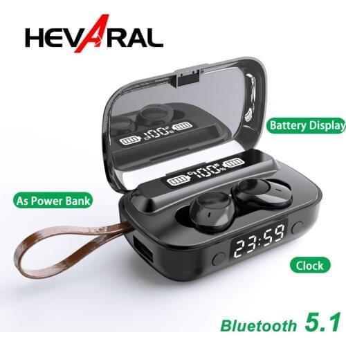 HEVARAL TWS Bluetooth 5.1 Earphones Wireless Headphone 9D Stereo Sports Waterproof Earbuds Headsets With Microphone Clock