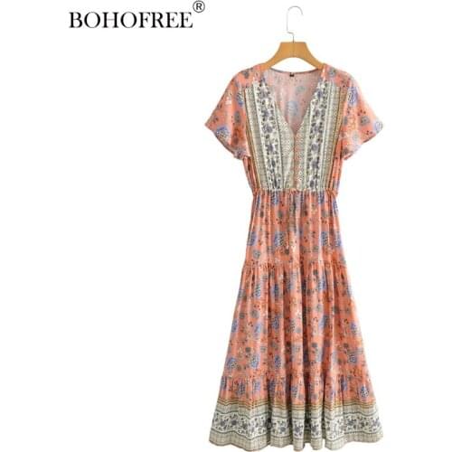 Boho Vintage V Neck Short Sleeve Rayon Cotton Maxi Hippie Long Dress Folk Gypsy Style Womens Dresses Vestidos