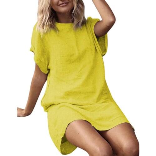 Plus size Dresses Women Summer O Neck Short Sleeve Female Beach Party Loose Mini Dress yellow Casual Ladies Loose Mini Dress