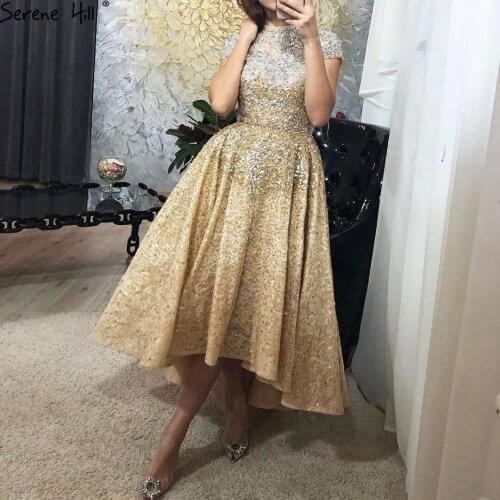 Serene Hill Gold High Neck Luxury Asymmetrical Evening Dress 2020 Beading Sequined Sleeveless Formal Party Wear Gown CLA60757