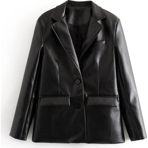 ZA Vintage Stylish PU Faux Leather Pocket Blazer Coat Women 2020 Fashion Notched Collar Long Sleeve Female Outerwear Chic Tops