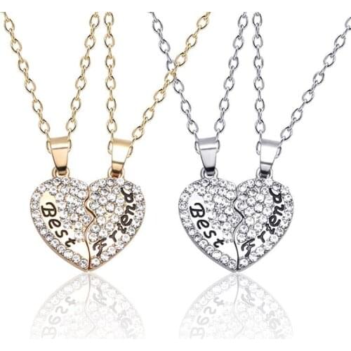 2PCS / Set Best Friend Gold corlour Full Rhinestone Stitching Heart Pendant Alloy Black Letter Necklace Girlfriend Jewelry Gift