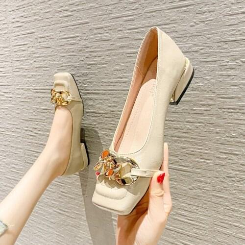 34-43 Big Size metal chain flats woman japanned leather grandma shoes women shallow sneakers square toe thick heels loafers 2021