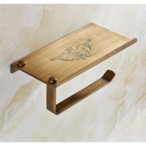 Bronze Carving Durable Bath Decor Vintage Antique Shelves Bathroom Rack Roll Paper Holder Toilet Wall Shelf Mobile Phone Mount